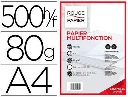 PAPIER ROUGE PAPIER MULTIFONCTION A4 80G/M2 EXTRA BLANC BLANCHEUR 163 OPACIT 92 RIGIDIT 121 500 FEUILLES PEFC